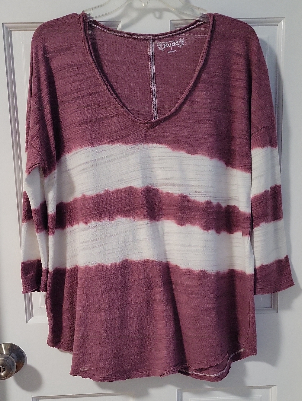 Mudd Mauve and White Striped V-Neck Knit Top